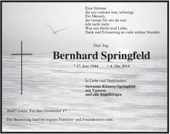 Traueranzeige von Bernhard Springfeld von Rhein-Zeitung