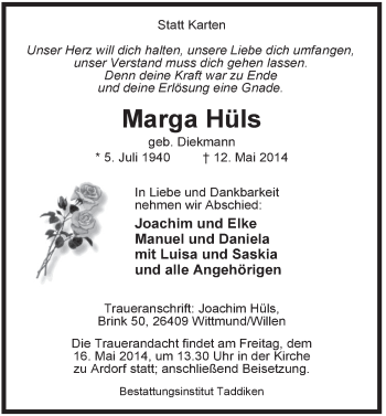 Traueranzeige von Marga Hüls von Rhein-Zeitung