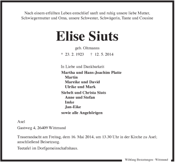 Traueranzeige von Elise Siuts von Rhein-Zeitung