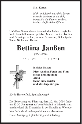 Traueranzeige von Bettina Janßen von Rhein-Zeitung