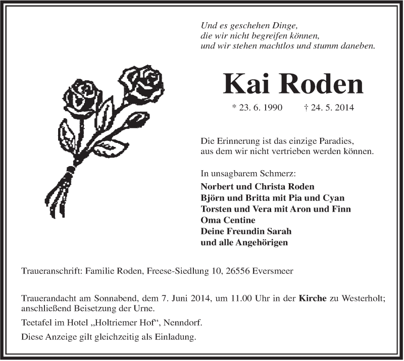  Traueranzeige für Kai Roden vom 31.05.2014 aus Rhein-Zeitung