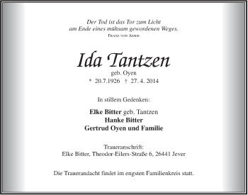 Traueranzeige von Ida Tantzen von Jeversches Wochenblatt