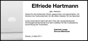 Traueranzeige von Elfriede Hartmann von Wilhelmshavener Zeitung