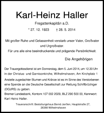 Traueranzeige von Karl-Heinz Haller von Wilhelmshavener Zeitung