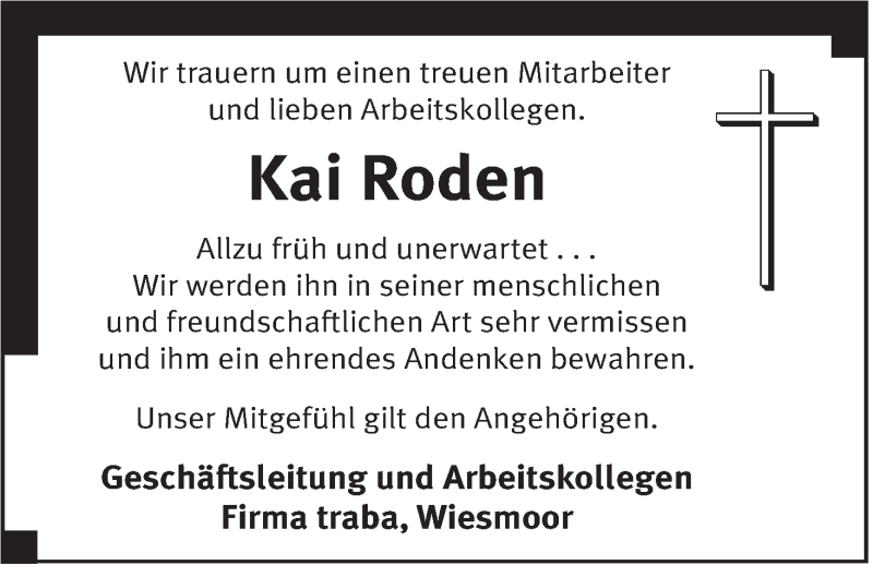  Traueranzeige für Kai Roden vom 02.06.2014 aus Rhein-Zeitung