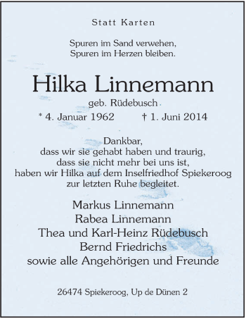Traueranzeige von Hilka Linnemann von Rhein-Zeitung