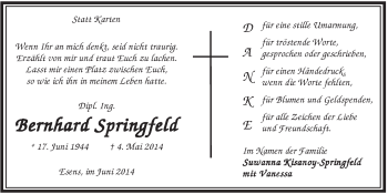 Traueranzeige von Bernhard Springfeld von Rhein-Zeitung