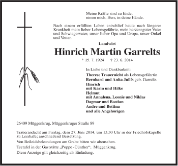 Traueranzeige von Hinrich Martin Garrelts von Rhein-Zeitung