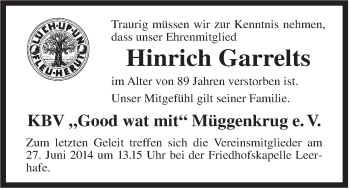 Traueranzeige von Hinrich Garrelts von Rhein-Zeitung