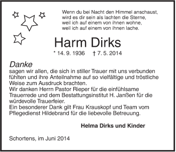 Traueranzeige von Harm Dirks von Jeversches Wochenblatt