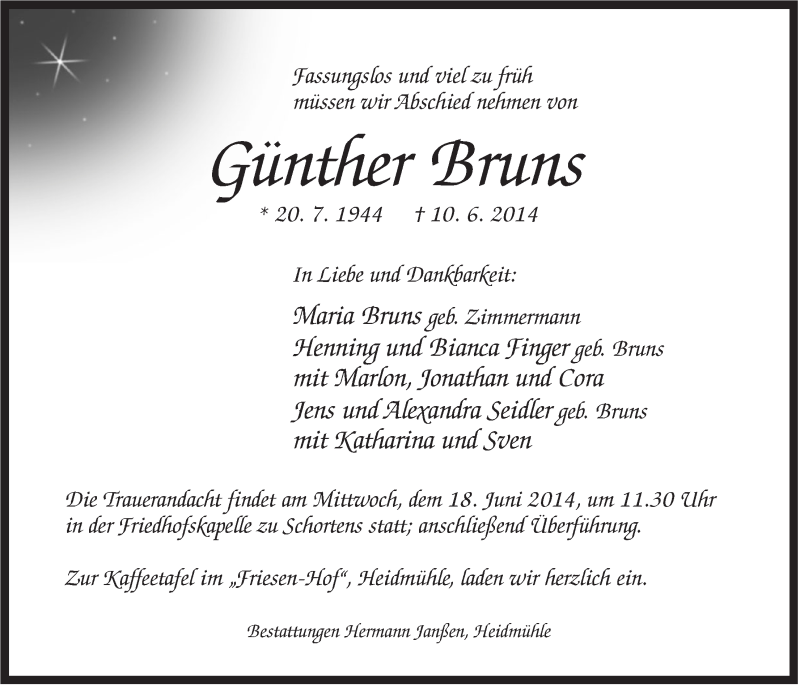  Traueranzeige für Günther Bruns vom 12.06.2014 aus Jeversches Wochenblatt