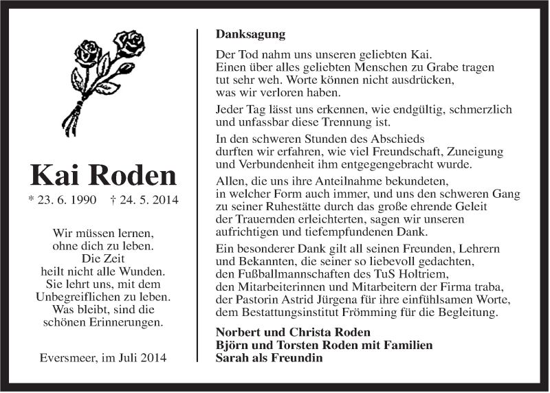  Traueranzeige für Kai Roden vom 05.07.2014 aus Rhein-Zeitung