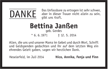 Traueranzeige von Bettina Janßen von Rhein-Zeitung