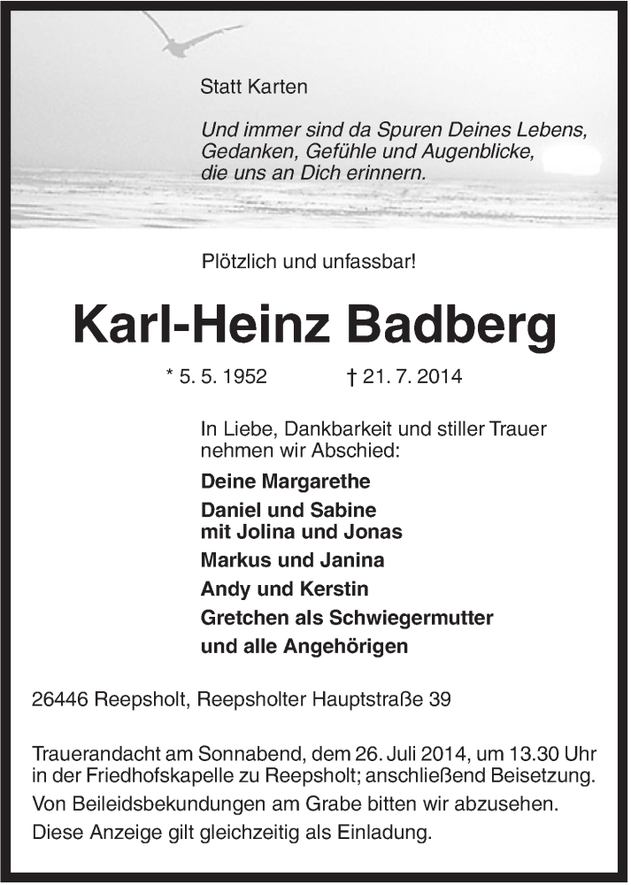  Traueranzeige für Karl-Heinz Badberg vom 23.07.2014 aus Rhein-Zeitung