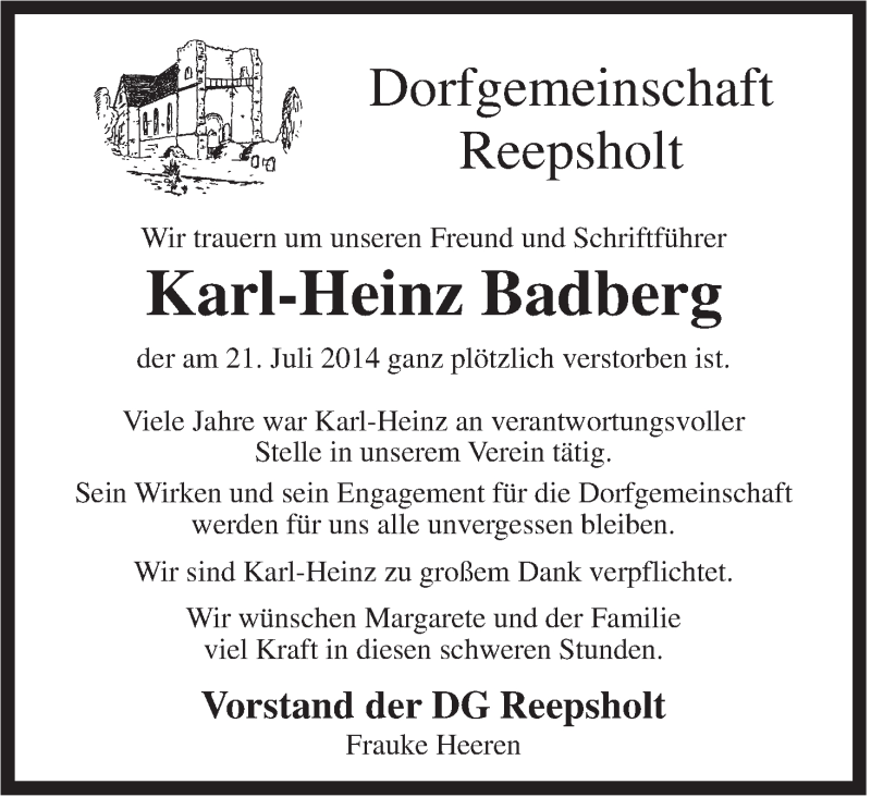  Traueranzeige für Karl-Heinz Badberg vom 24.07.2014 aus Rhein-Zeitung