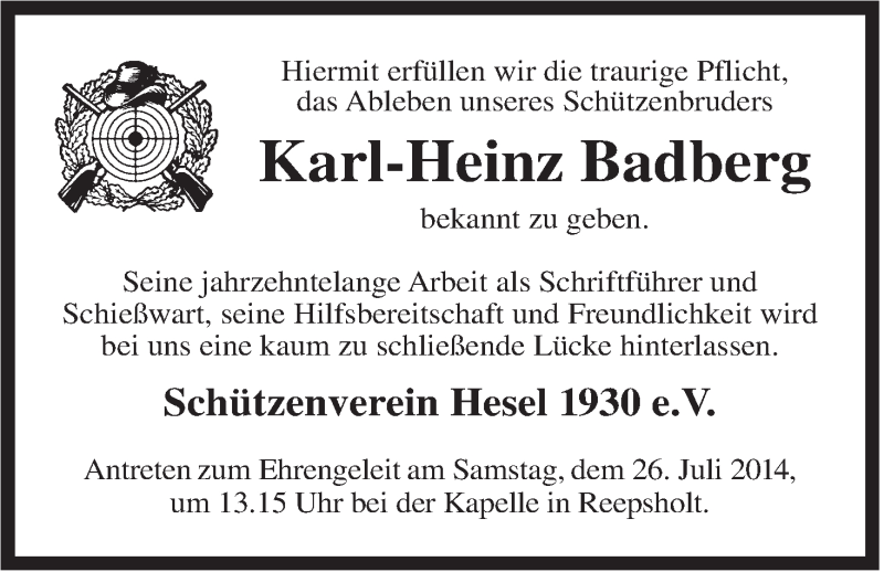  Traueranzeige für Karl-Heinz Badberg vom 24.07.2014 aus Rhein-Zeitung