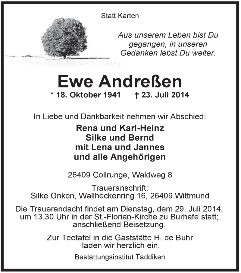  Traueranzeige für Ewe Andreßen vom 25.07.2014 aus Rhein-Zeitung