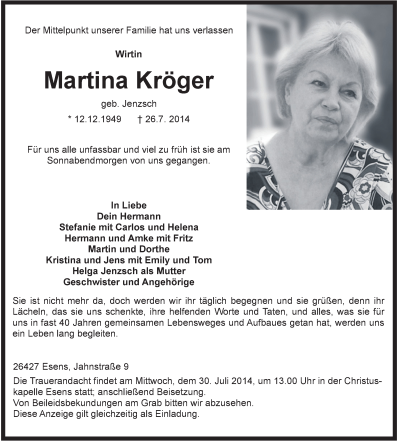  Traueranzeige für Martina Kröger vom 28.07.2014 aus Rhein-Zeitung