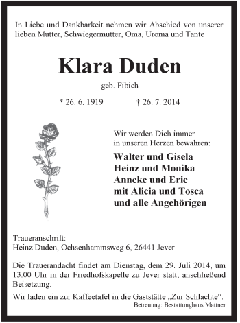 Traueranzeige von Klara Duden von Jeversches Wochenblatt