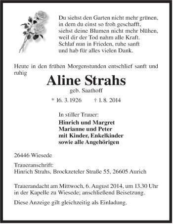 Traueranzeige von Aline Strahs von Rhein-Zeitung