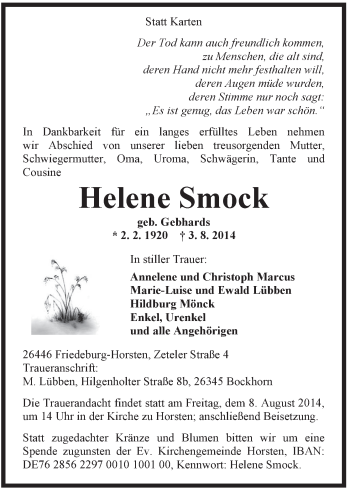 Traueranzeige von Helene Smock von Rhein-Zeitung