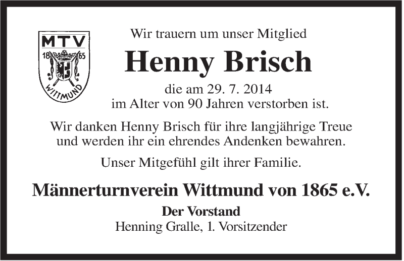 Traueranzeigen von Henny Brisch nordwesttrauer.de