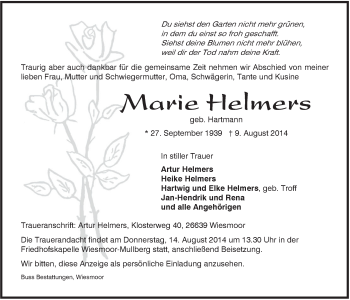 Traueranzeige von Marie Helmers von Rhein-Zeitung