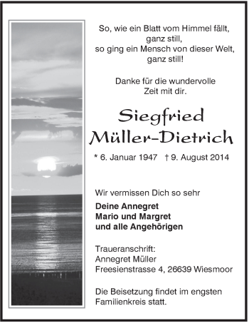 Traueranzeige von Siegfried Müller-Dietrich von Rhein-Zeitung