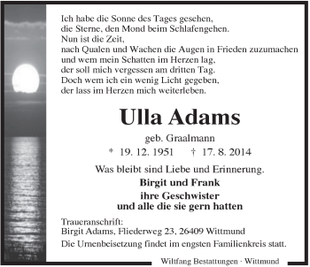 Traueranzeige von Ulla Adams von Rhein-Zeitung