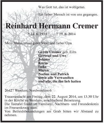 Traueranzeige von Reinhard Hermann Cremer von Rhein-Zeitung