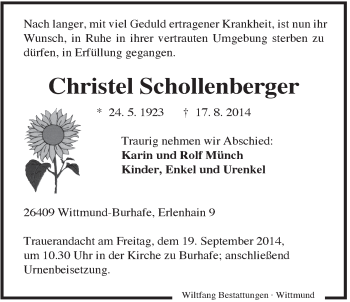 Traueranzeige von Christel Schollenberger von Rhein-Zeitung