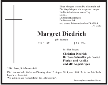 Traueranzeige von Margret Diedrich von Jeversches Wochenblatt