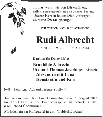 Traueranzeige von Rudi Albrecht von Jeversches Wochenblatt