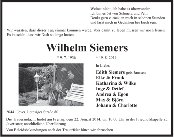 Traueranzeige von Wilhelm Siemers von Jeversches Wochenblatt