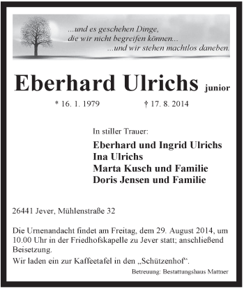 Traueranzeige von Eberhard Ulrichs von Jeversches Wochenblatt