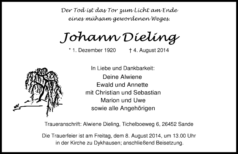  Traueranzeige für Johann Dieling vom 06.08.2014 aus Wilhelmshavener Zeitung