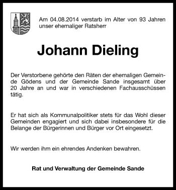Traueranzeige von Johann Dieling von Wilhelmshavener Zeitung
