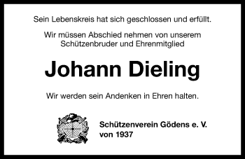 Traueranzeige von Johann Dieling von Wilhelmshavener Zeitung