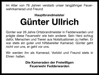 Traueranzeige von Günter Ullrich von Wilhelmshavener Zeitung
