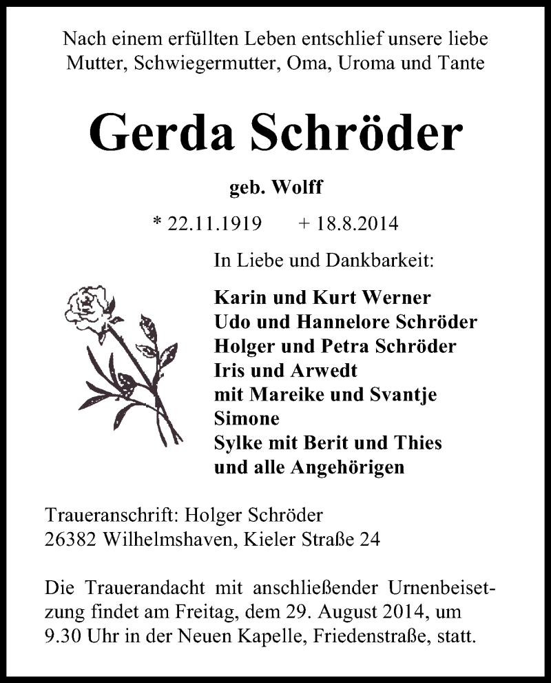 Traueranzeigen von Gerda Schröder | nordwest-trauer.de