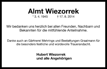 Traueranzeige von Almt Wiezorrek von Wilhelmshavener Zeitung
