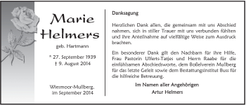 Traueranzeige von Marie Helmers von Rhein-Zeitung