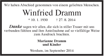 Traueranzeige von Winfried Dramm von Rhein-Zeitung