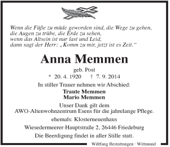 Traueranzeige von Anna Memmen von Rhein-Zeitung