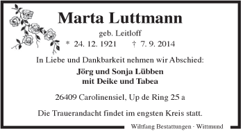 Traueranzeige von Martha Luttmann von Rhein-Zeitung