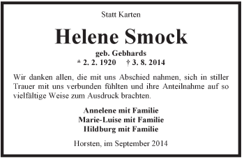 Traueranzeige von Helene Smock von Rhein-Zeitung