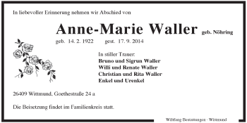 Traueranzeige von Anne-Marie Waller von Rhein-Zeitung
