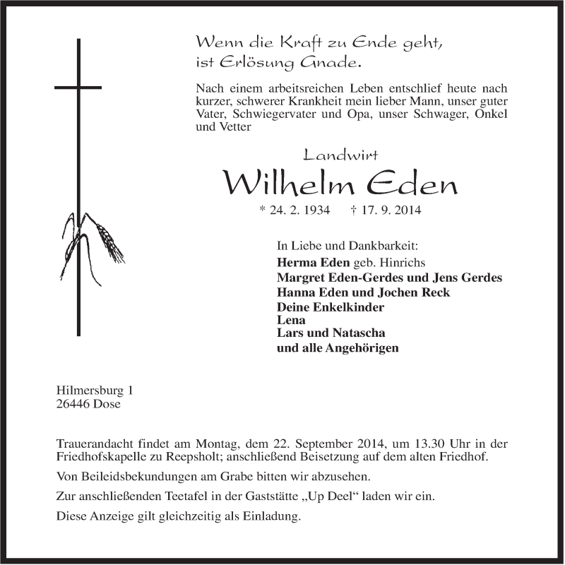  Traueranzeige für Wilhelm Eden vom 19.09.2014 aus Rhein-Zeitung