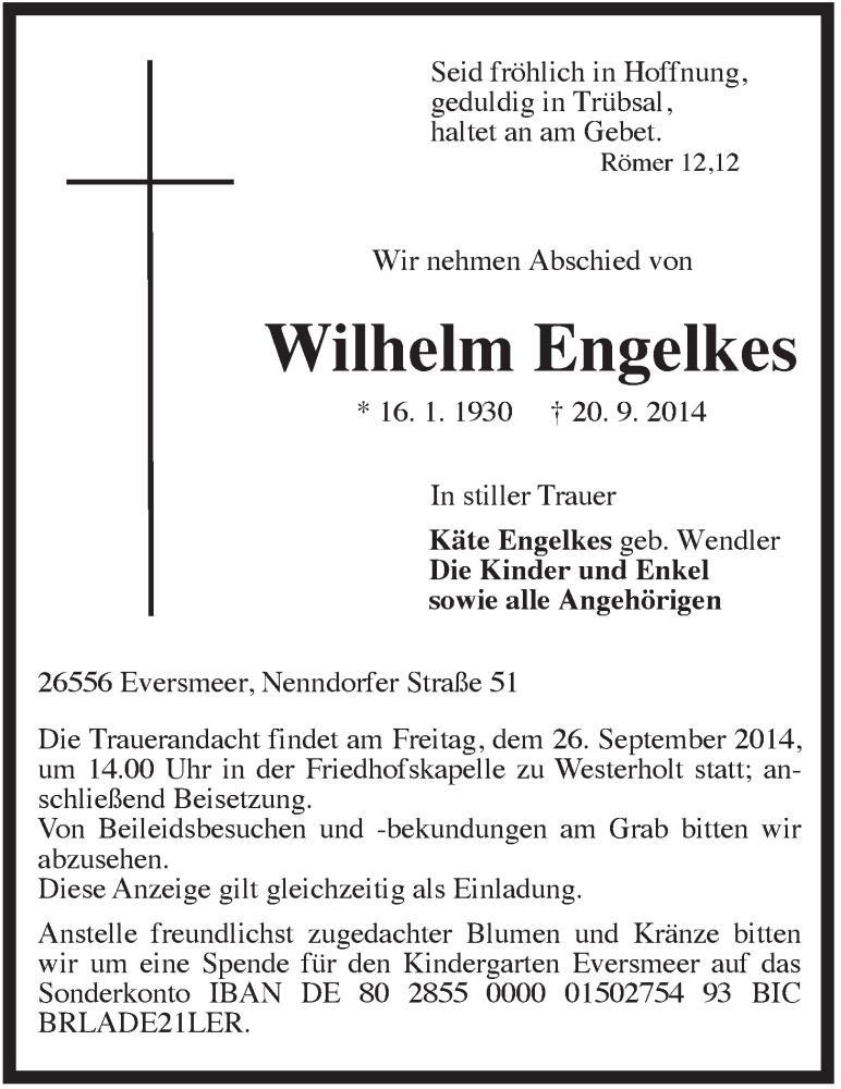  Traueranzeige für Wilhelm Engelkes vom 22.09.2014 aus Rhein-Zeitung