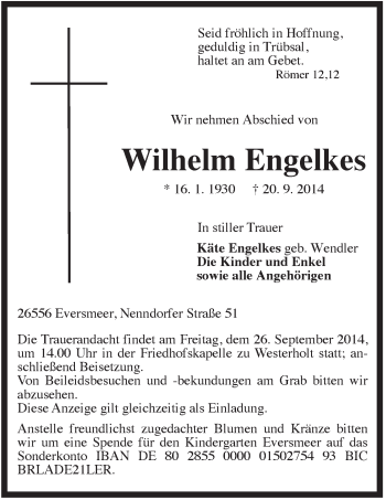 Traueranzeige von Wilhelm Engelkes von Rhein-Zeitung